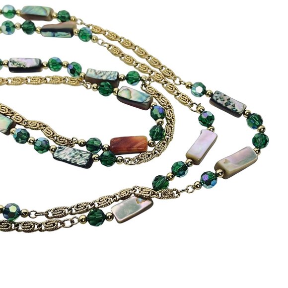 Heavy Gold Tone Snail Chain Necklace W/Abalone And AB Rhinestone Beads (5885) - Picture 7 of 8